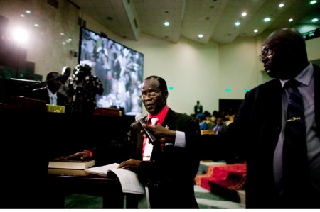 Lt. Gen. James Wani Igga being sworn in for his second term as Speaker of the South Sudan Legislative Assembly (AP Photo/Pete Muller)